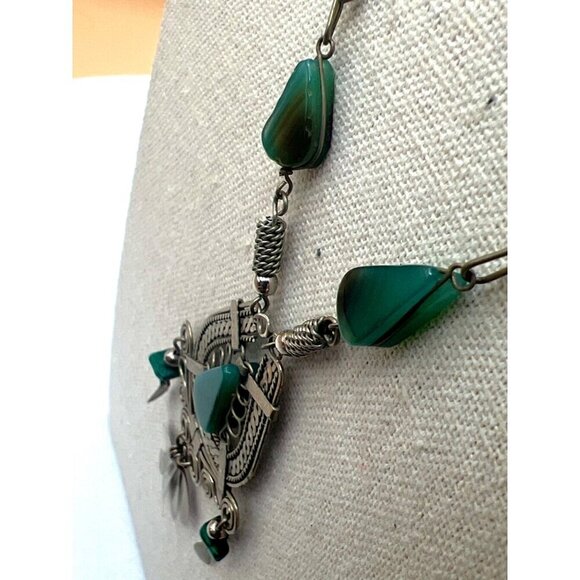 Vintage Tribal Silver Tone Necklace With Green Stone Inlay & Dangling Charms. M - Picture 9 of 10